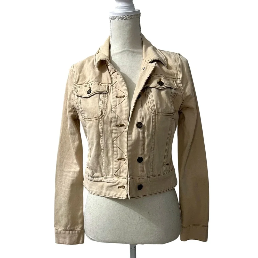 Free People Cream Denim Jacket Ivory Western Trucker Boho Festival - Picture 2 of 9